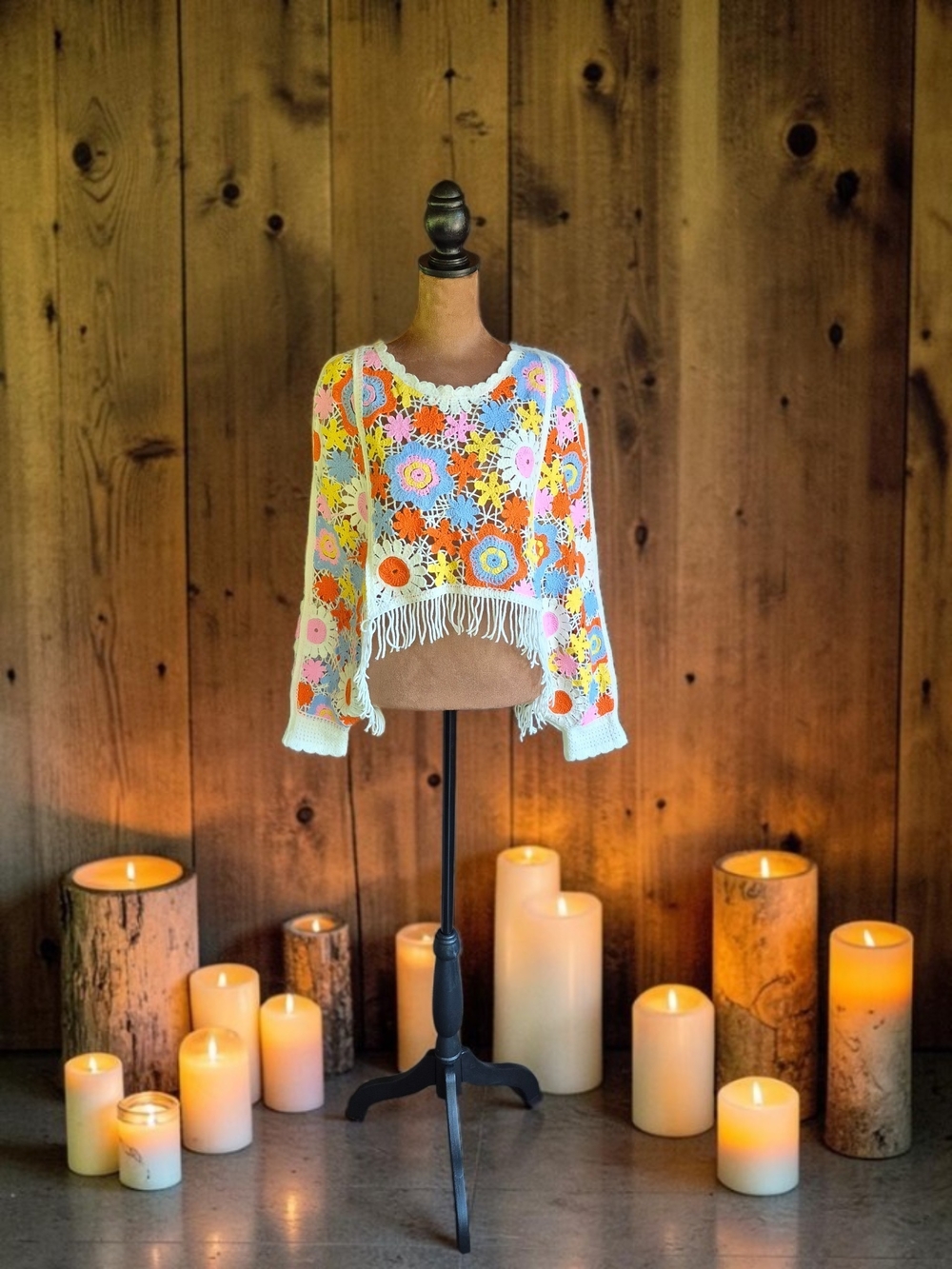 House of Harlow 1960 Multicolor Crochet Floral Shrug Poncho Fringed Sweater